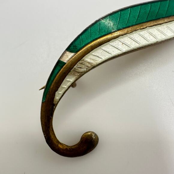 Albert Scharning Norway sterling silver guilloche enamel white green leaf brooch - Picture 4 of 10